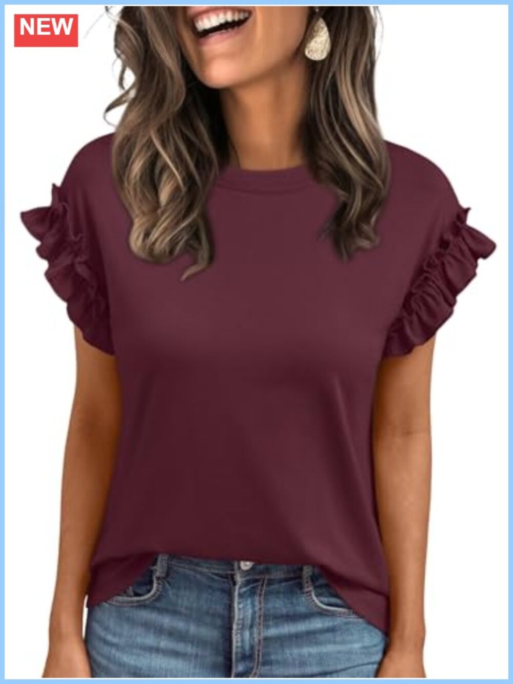 Women's Ruffle Sleeve Business Casual T-Shirt Crewneck Pullover Top